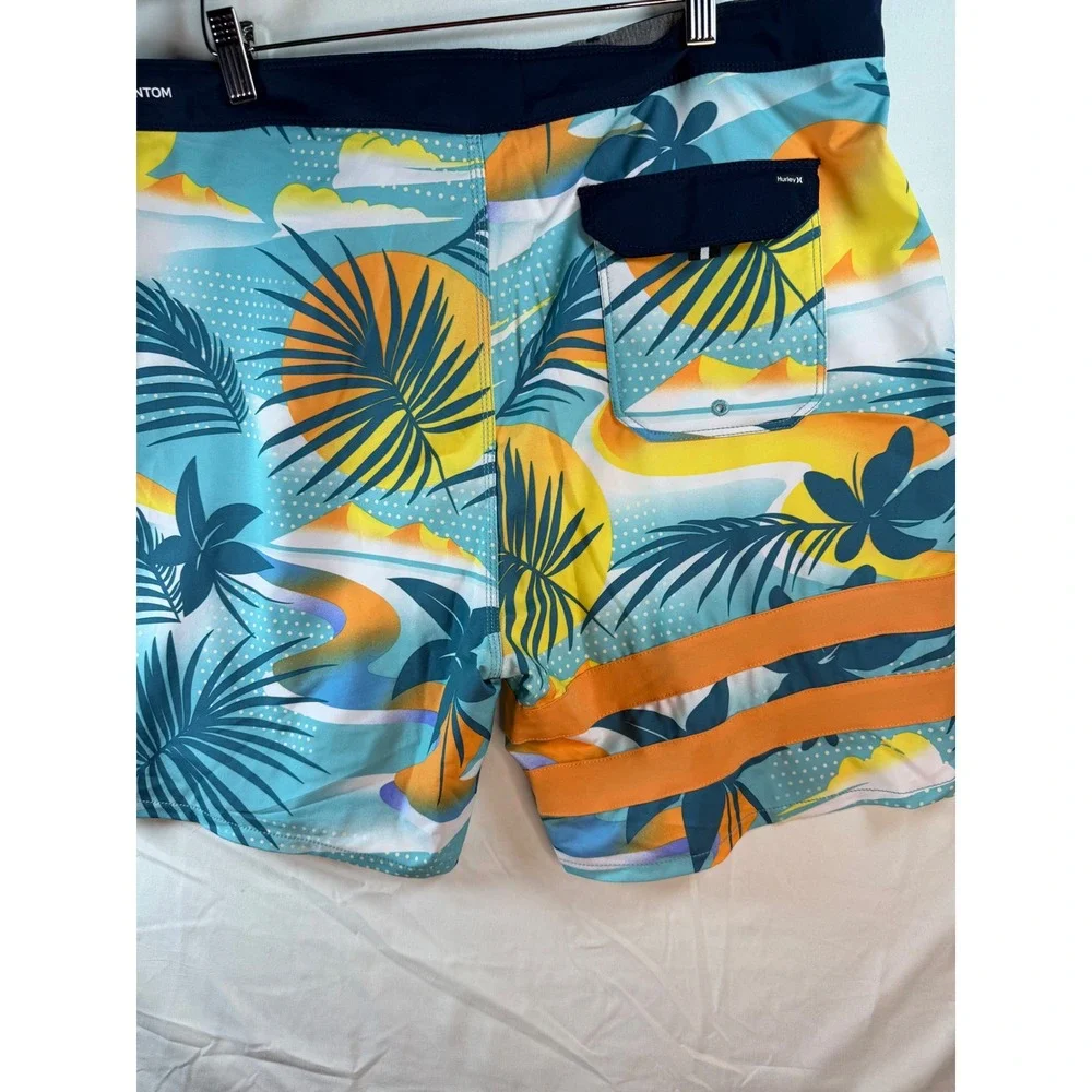 Hurley Mens Tropical Palm Tree Print Board Shorts Blue Swim Trunks Size 36 beach